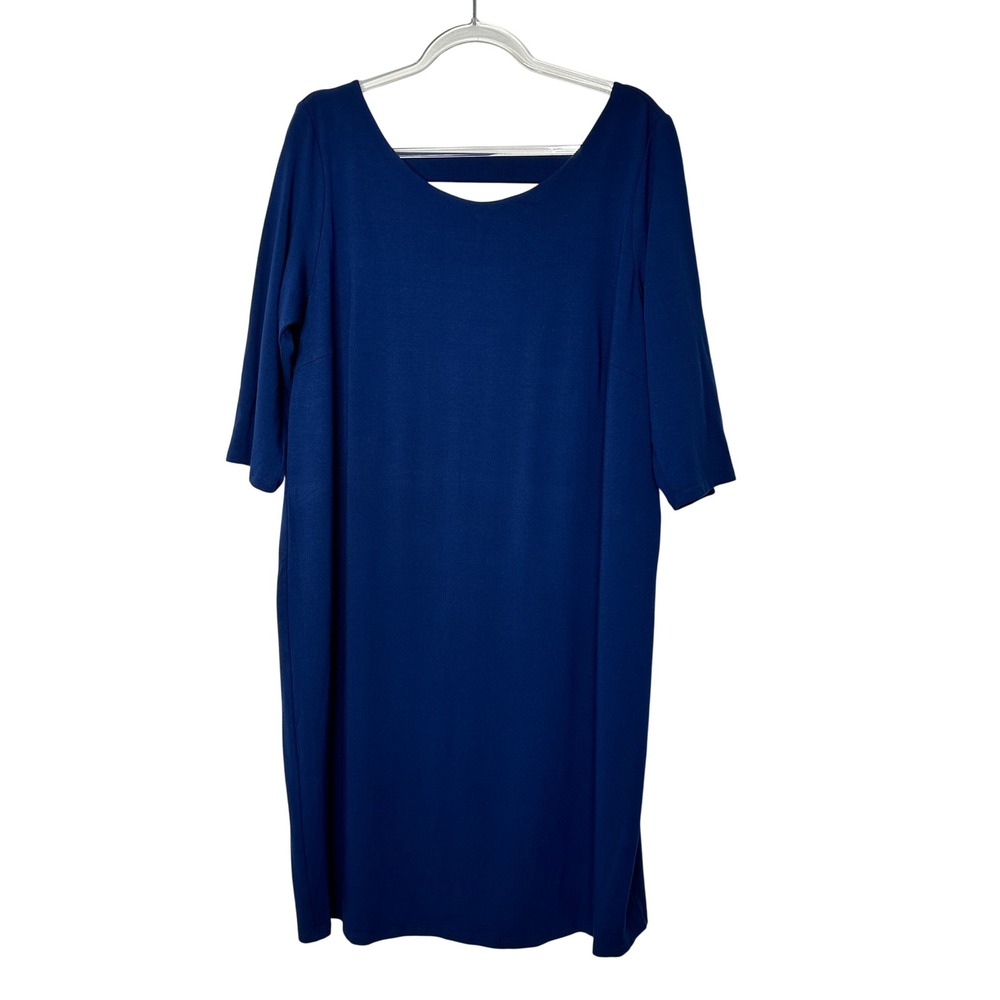 Eileen Fisher Shift Dress Size 1X Navy Blue Cutout Back 3/4 Sleeve Rayon Lycra